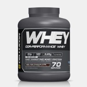 A tub of Cellucor Performance Whey Protein Powder.