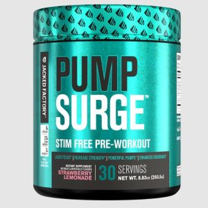 a tub of jacked factory pump surge stim free pre workout