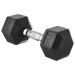 a 20lb amazon basic rubber coated hex dumbbell on white background