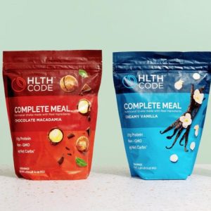 an image of red and blue package of hlth code meal replacement