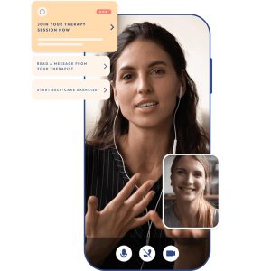 A phone screen showing a video call between a therapist and a patient