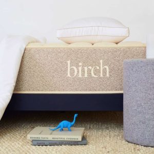 A Birch Natural mattress with a beige textured side panel and the "birch" logo in a light bedroom. The mattress is topped with a pillow, and there is a small blue dinosaur toy and books on the floor next to it.