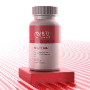 A bottle of HLTH Code Berberine supplement, with a red label and silver lid. The label mentions it contains turmeric and broccoli seed extract.