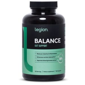 A bottle of Legion Balance gut support supplement, with a black lid and green label. The label highlights its benefits for intestinal inflammation, nutrient absorption, and blood glucose control.