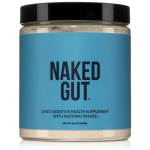 A jar of Naked Gut daily digestive health supplement, featuring a blue label and a black lid. The label indicates the supplement is for daily digestive health.