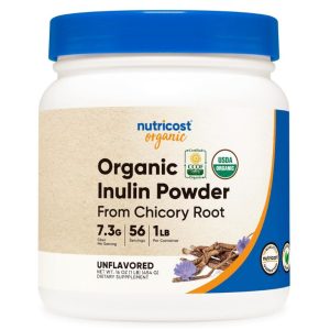 A container of Nutricost Organic Inulin Powder, from chicory root, with a blue lid and a label indicating it's organic and unflavored.