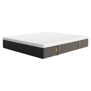 A mattress with a white top and dark grey sides on a plain white background.