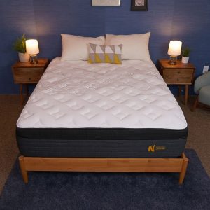 A mattress on a bed frame with a blue background, bedside tables, and lamps.