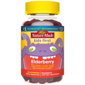 A transparent plastic bottle with a yellow cap labeled "Elderberry" containing 40 raspberry-flavored gummies, by NatureMade, with a colorful, cartoonish design.