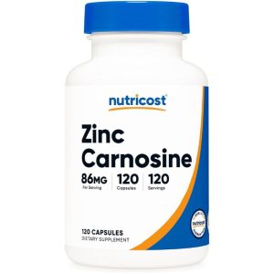 A white plastic bottle with a blue cap labeled "Zinc Carnosine" containing 120 capsules, 86 mg per serving, by Nutricost.