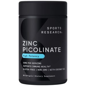 A black plastic bottle labeled "Zinc Picolinate" containing 60 softgels, 50 mg per serving, by Sports Research.