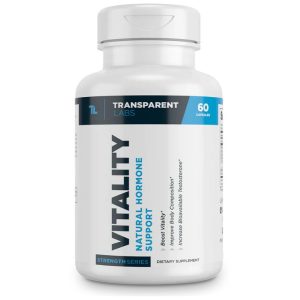 A white plastic bottle with a white cap labeled "Vitality Natural Hormone Support" containing 60 capsules, by Transparent Labs.