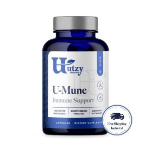 A dark blue plastic bottle labeled "U-Mune Immune Support" containing capsules, by Utzy Naturals, with a "Free Shipping Included" badge.