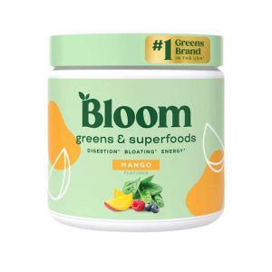 a tub of bloom greens and superfoods mango flavor on a white background