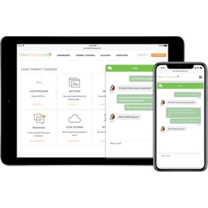 A iPad and iPhone showcasing the Online Therapy interface.