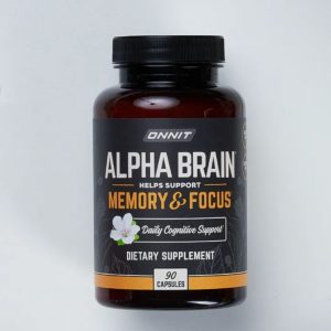 A bottle of Onnit Alpha Brain supplement.