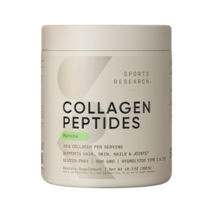 bottle of sports research collagen peptides powder with organic matcha