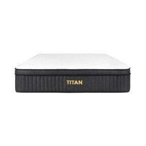 Front view of the Titan Plus Luxe mattress, showcasing its firm, black base with the brand name "TITAN" in gold lettering.