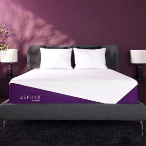 High-end mattress with a white top and purple diagonal design on the side, set in a contemporary bedroom with dark tones