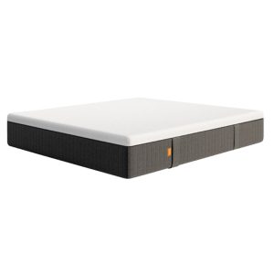 Emma Original mattress with sleek white top and dark fabric sides, on a minimalist bed frame in a clean, modern setting.