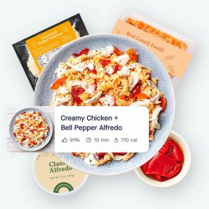 A plate of Creamy Chicken and Bell Pepper Alfredo next to its packaged ingredients including seasoned pulled chicken, red lentil fusilli, and a container of classic Alfredo sauce. A meal card displays the dish name along with nutritional information and preparation time.