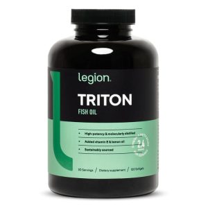 A bottle of Legion Triton Fish Oil dietary supplement containing 120 softgels, known for its high potency, molecularly distilled Omega-3, with added Vitamin E and lemon oil for enhanced absorption.