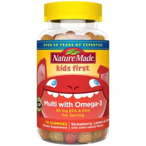 A colorful bottle of Nature Made Kids First Multi with Omega-3 gummies, featuring a playful design with a smiling face on the label, offering 70 gummies per bottle.