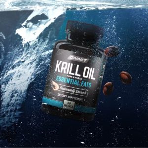 A visually striking bottle of Onnit Krill Oil dietary supplement, submerged in water, emphasizing its purity and fresh essential fats with sustainable sourcing.