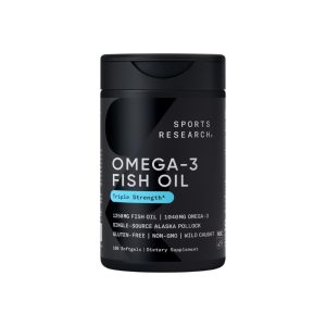 A sleek, black bottle of Sports Research Omega-3 Fish Oil dietary supplement, featuring triple strength formula with 1250 mg of fish oil sourced from Alaska Pollock, offering 180 softgels per container.