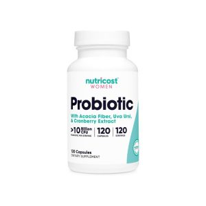 A bottle of Nutricost Women’s Probiotic with Acacia Fiber, Uva Ursi, and Cranberry Extract, containing 120 capsules and promoting over 10 billion CFU (colony-forming units) per serving.