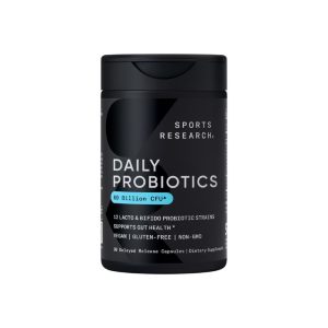 A bottle of Sports Research Daily Probiotics, containing 60 billion CFU and 12 Lacto & Bifido probiotic strains. The product is vegan, gluten-free, non-GMO, and has 30 delayed-release capsules.