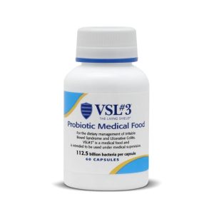 A bottle of VSL#3 Probiotic Medical Food, intended for dietary management of irritable bowel syndrome and ulcerative colitis, containing 112.5 billion bacteria per capsule with 60 capsules in the bottle.