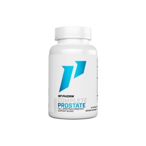 White bottle of 1st Phorm Complete Prostate supplement with a blue logo, containing 120 capsules.