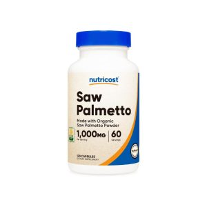 Bottle of Nutricost Saw Palmetto supplement with a blue cap and beige label, containing 120 capsules of 1,000 mg each.