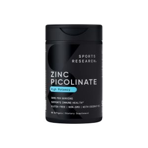 Black bottle of Sports Research Zinc Picolinate supplement with a high potency label, containing 60 softgels.