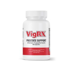 White bottle of VigRX Prostate Support supplement with red branding, containing 90 capsules.