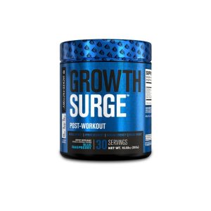 Blue container of Growth Surge post-workout supplement by Jacked Factory, Blue Raspberry flavor.