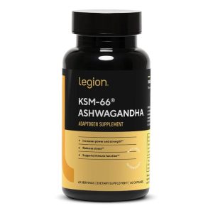 Bottle of Legion KSM-66 Ashwagandha supplement promoting power and stress reduction.