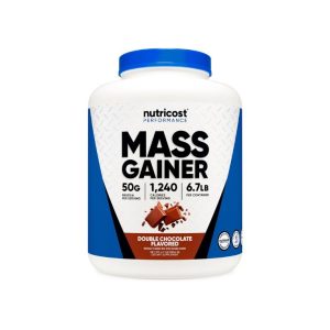 Large Nutricost Mass Gainer container, Double Chocolate flavor, 50g protein per serving.