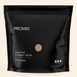 Black bag of PROMIX Grass-fed Collagen + BCAA supplement in chocolate flavor.