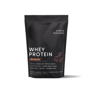 Black bag of Sports Research Whey Protein isolate, Dutch Chocolate flavor.