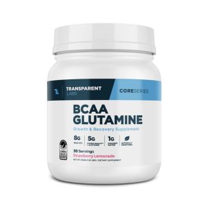 White container of Transparent Labs BCAA Glutamine, Strawberry Lemonade flavor.