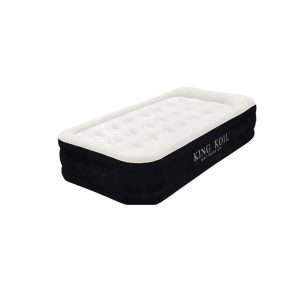 A King Koil twin air mattress with a black base and white top, designed for comfort and convenience.