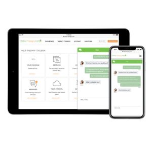 Image showing Online-Therapy.com interface on a tablet and smartphone displaying chat and therapy toolbox.