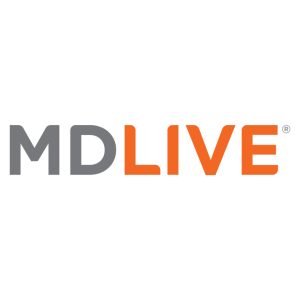 Logo of MDLIVE, with the letters "MD" in gray and "LIVE" in orange.