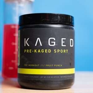 A bottle of Pre-Workout Pre-Kaged Sport