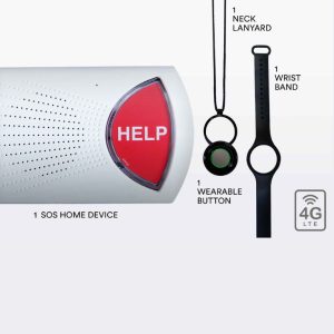 Bay Alarm medical alert system with SOS home device, 4G LTE wearable button, wristband, and neck lanyard