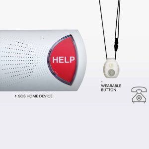 Bay Alarm medical alert system with SOS home device and wearable button on neck lanyard, landline connectivity