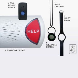 Bay Alarm mobile 360 bundle with SOS home device, mobile alert device, wearable button, wristband, and neck lanyard