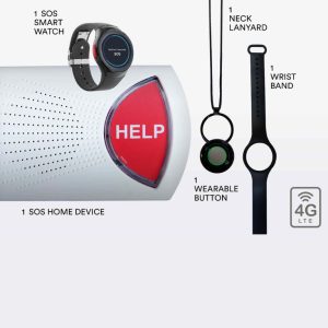 Bay Alarm smartwatch bundle with SOS home device, wearable button, wristband, neck lanyard, and 4G LTE connectivity